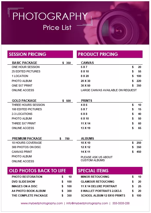 Photography Price List Template