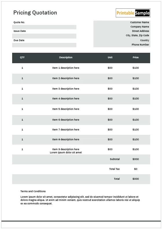 Pricing Quotation Template