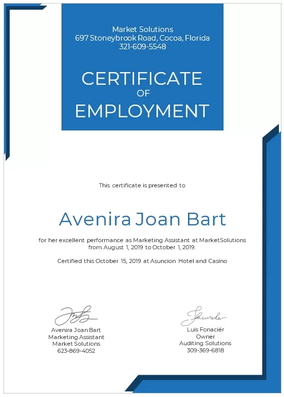 Blue Certificate of Employment Template