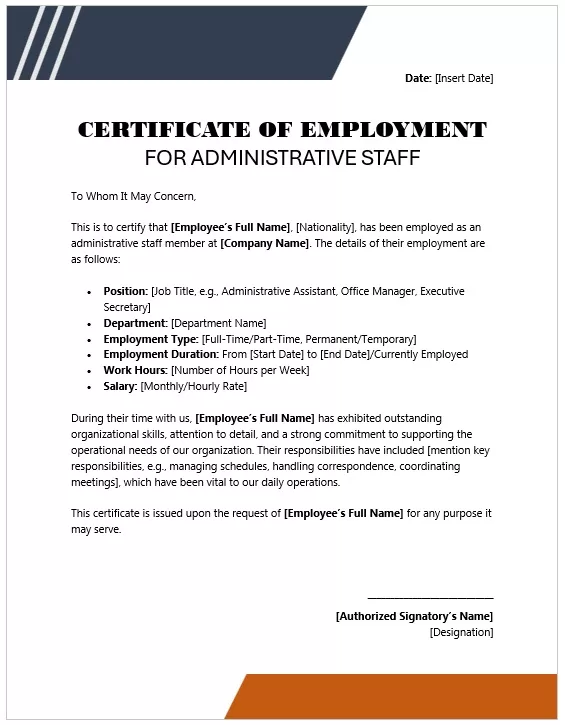Certificate of Employment for Administrative Staff
