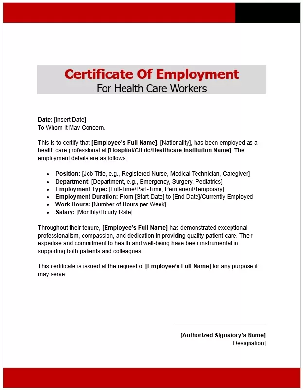 Certificate of Employment for Health Care Workers