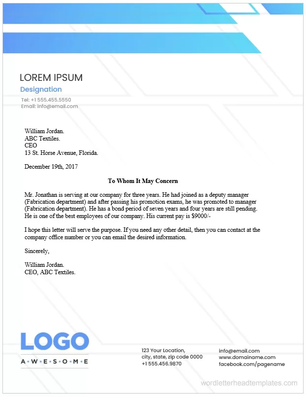 Employment certificate Template on Letterhead 01