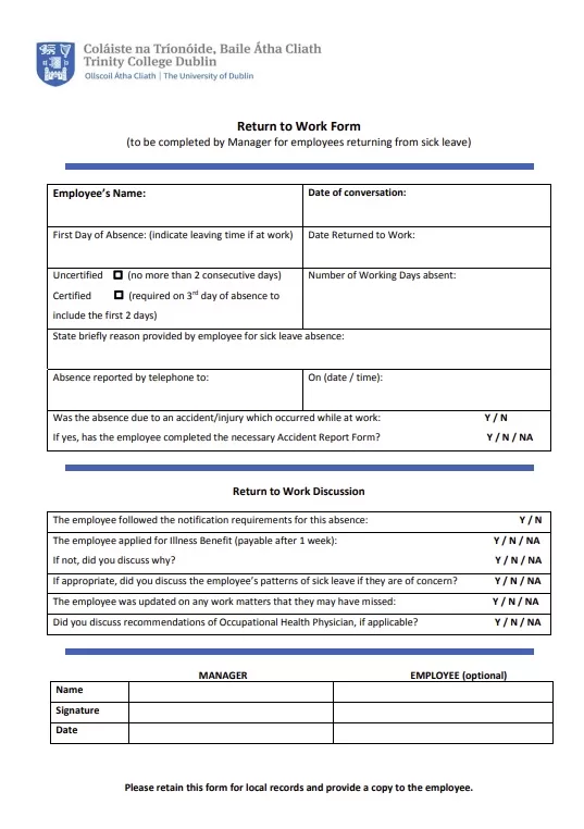 Manager Return to Work Form