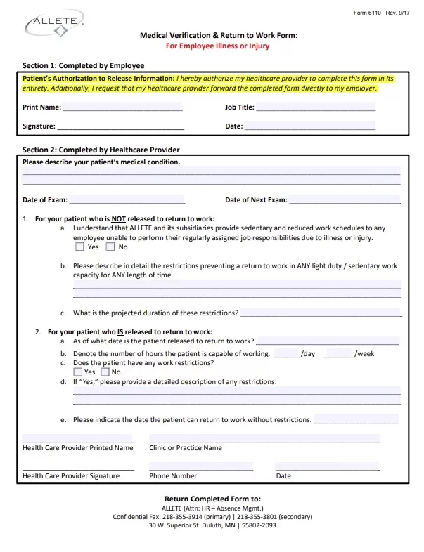 Medical Verification Return to Work Form