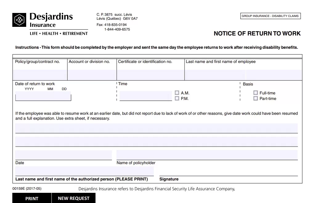 Notice Return to Work Form