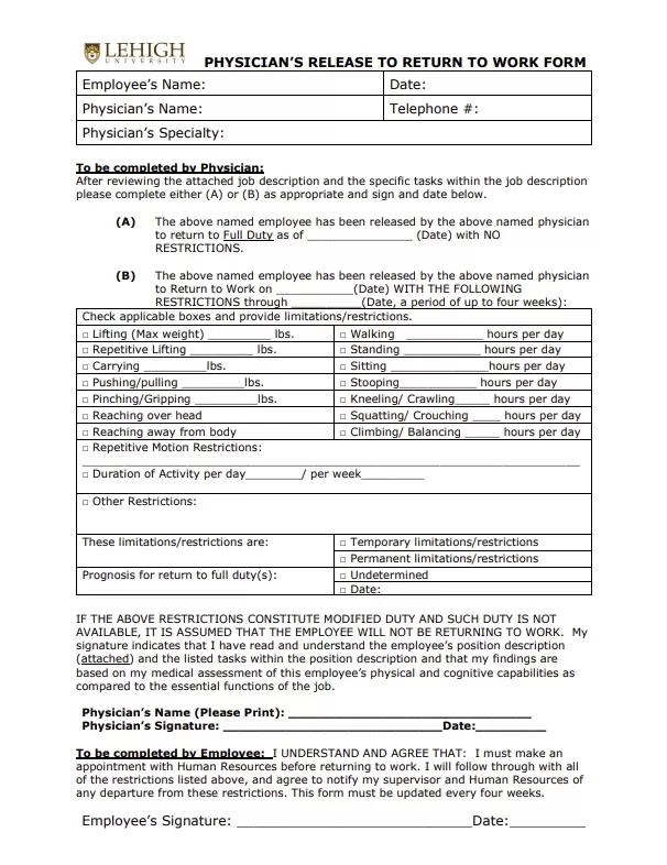 Physician Speciality Return to Work Form