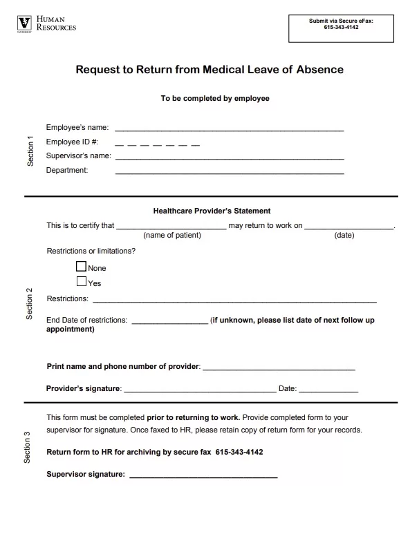 Request Return to Work Absence Form