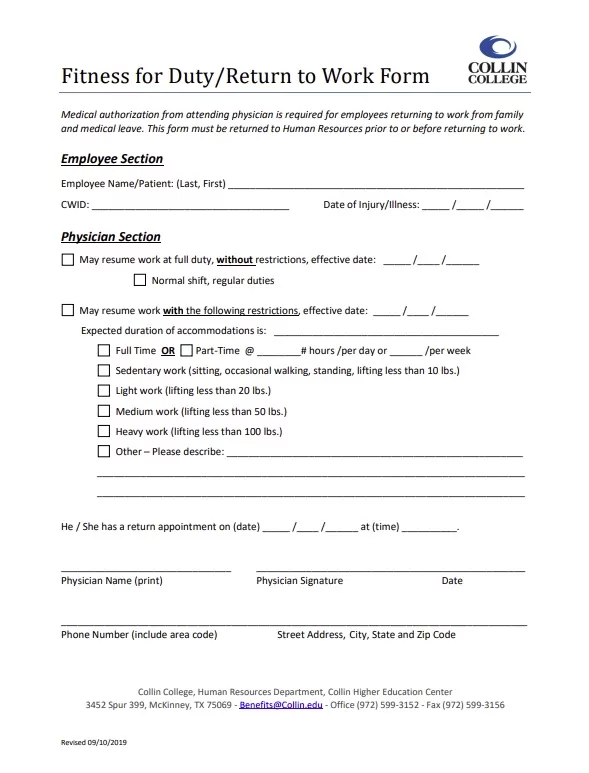 Return to Work Fitness Form
