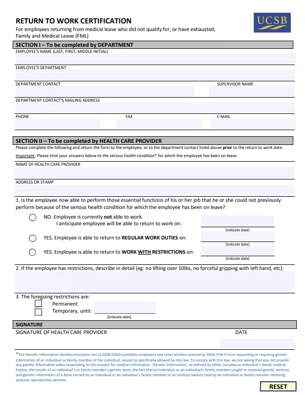 Return to Work Health Care Provider Form