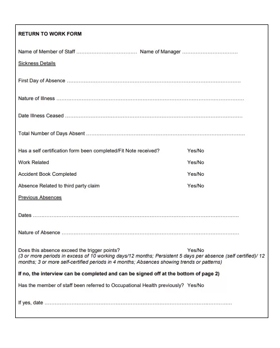 Return to Work Interview Form