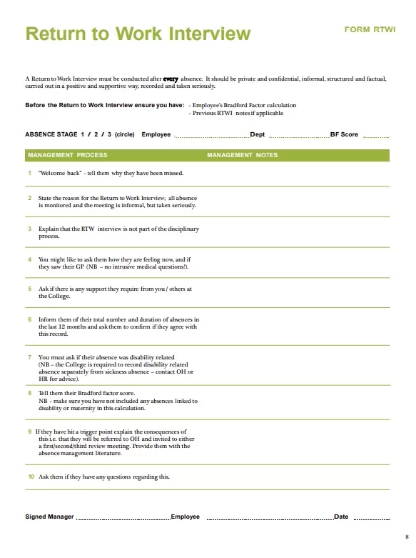 Return to Work Interview Process Form