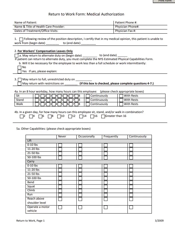 Return to Work Medical Authorization Form