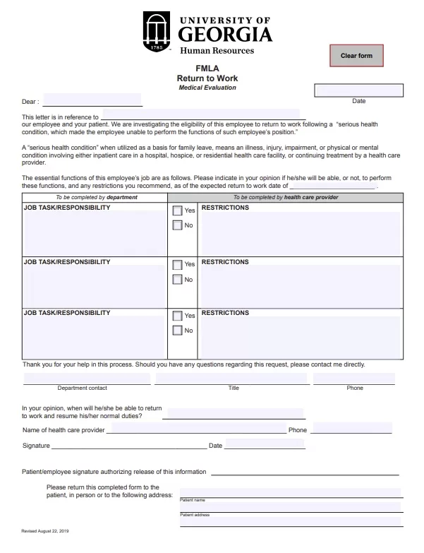 Return to Work Medical Evaluation Form