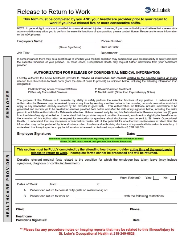 Return to Work Medical Information Form