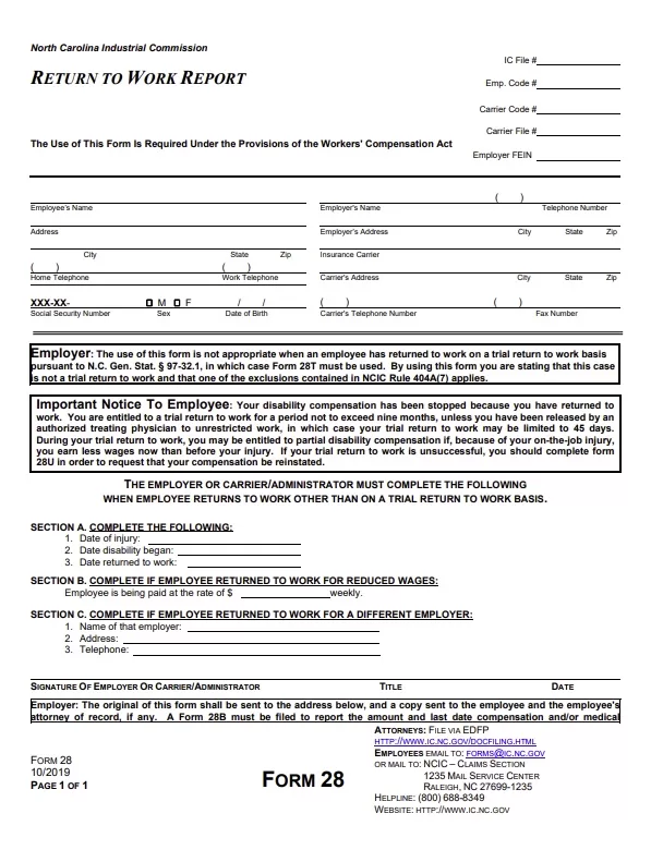 Return to Work Report Form