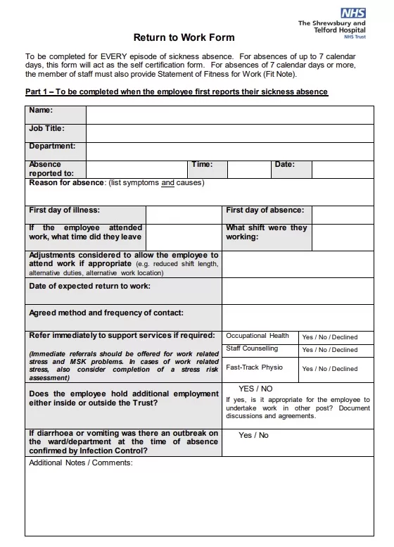 Return to Work Sickness Absence Form