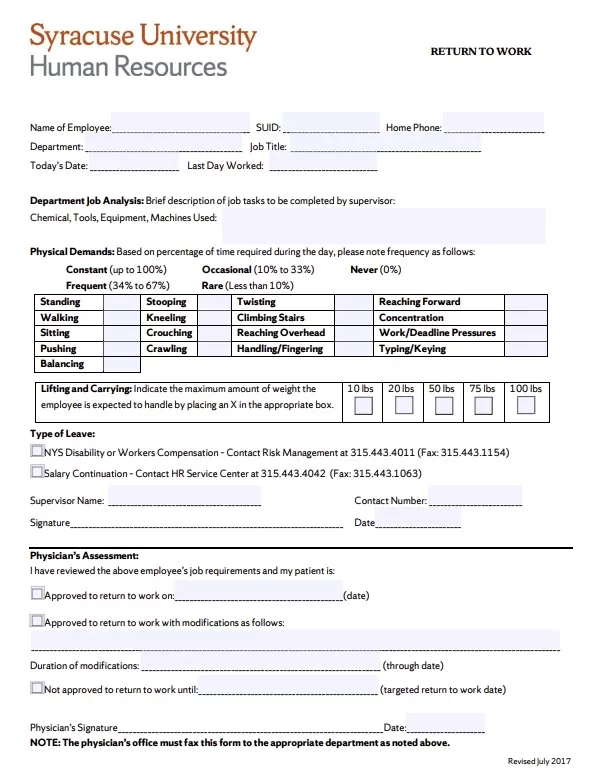 Return to Work for Staff Form