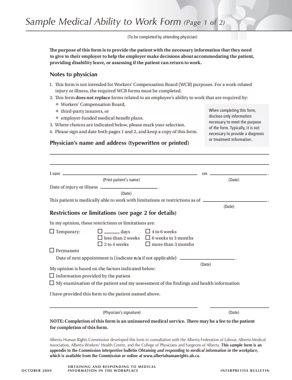 Sample Return to Work Medical Form