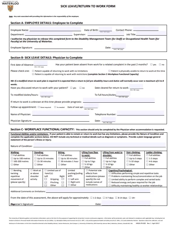 Sick Leave Return to Work Form