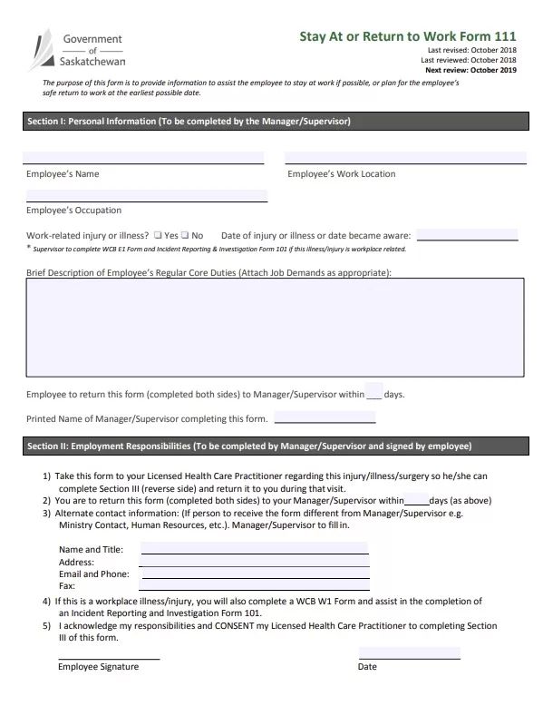 Stay At or Return to Work Form