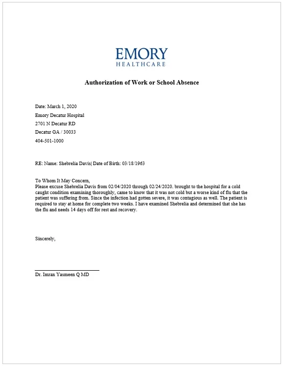 Authorization of Work or School Absence