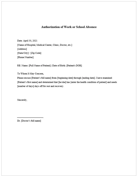 Authorization of Work or School