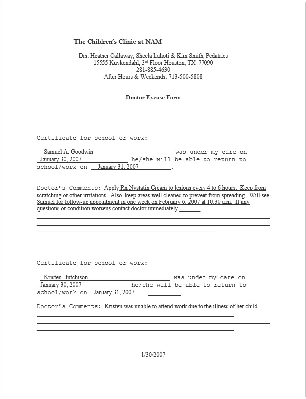 Doctor Note - Excuse Form 01