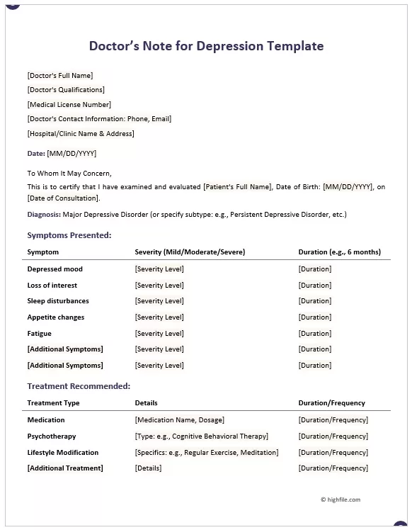 Doctor's Note for Depression Template - Word