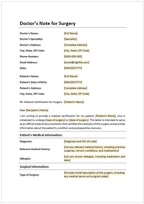 Doctors Note for Surgery - Word