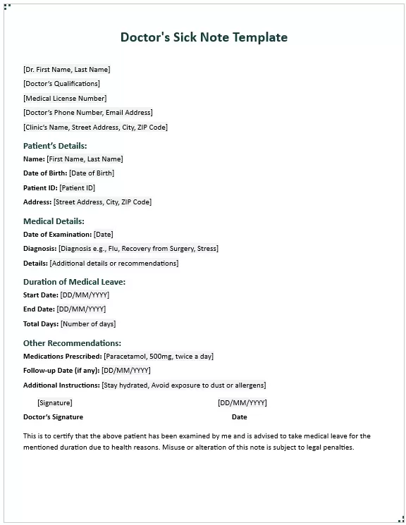 Doctor's Sick Note Word Template