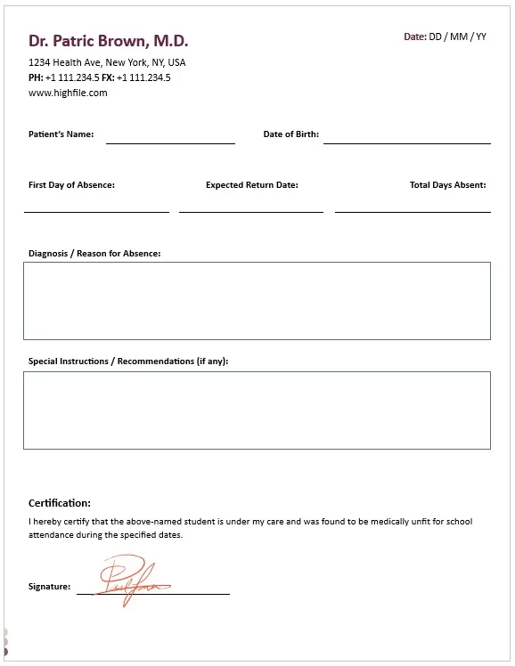 Doctor's Sick Note for School