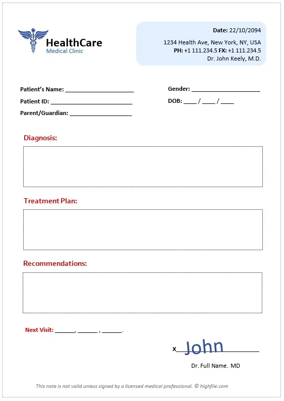 Pediatric Doctors Note Template - Word