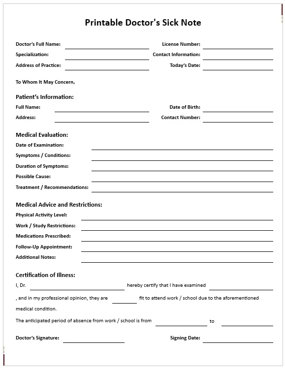 Printable Doctor's Sick Note