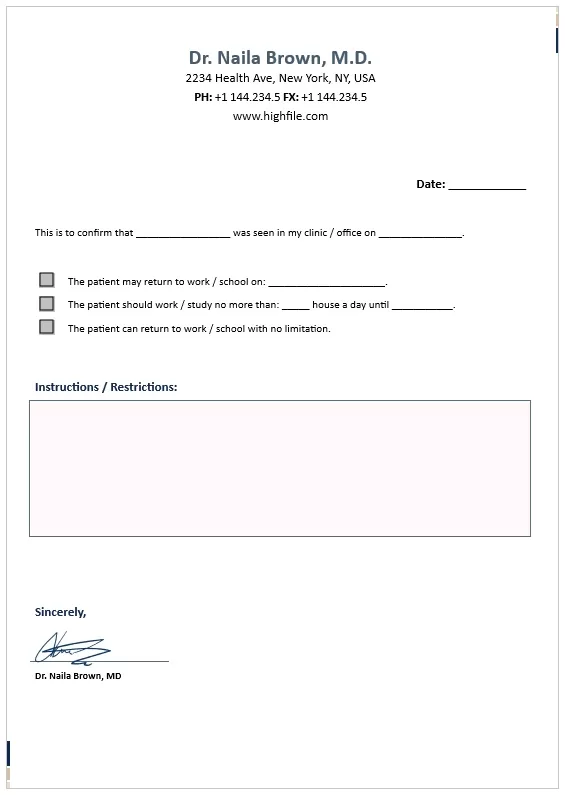 Simple Doctor's Note for Work